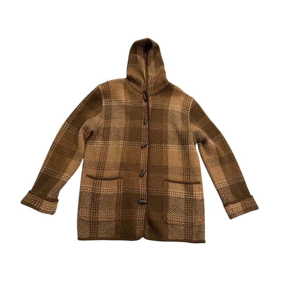 Lauren Ralph Lauren Women's Plaid Hooded Cardigan L Brown Aztec Knit Sweater VTG